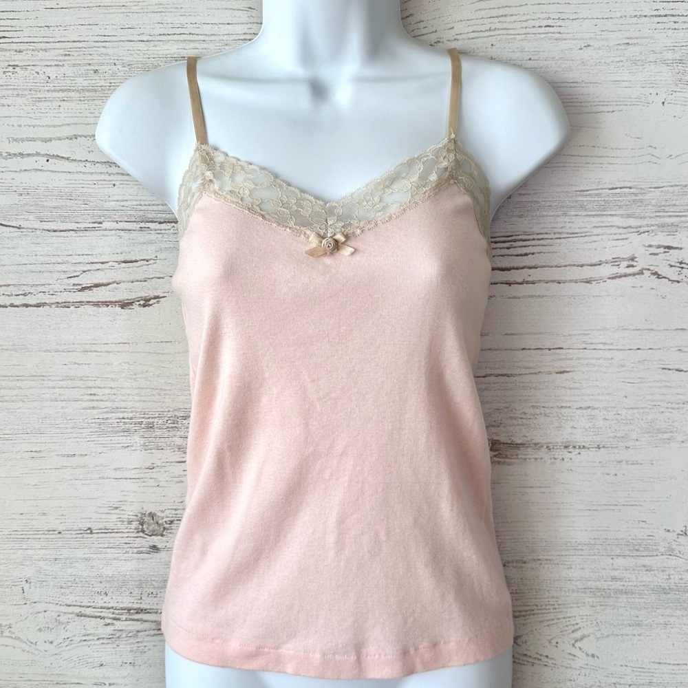 VINTAGE 90s Y2K Lace Trim Rosette Satin Strap Baby Doll Tank Top M Baby Pink